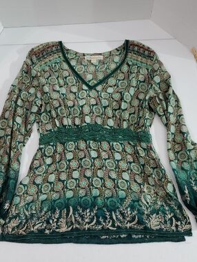 VTG Sz 3 Green Silk Boho RenFaire Zip Tunic Paisley Print Beading Lace Details
